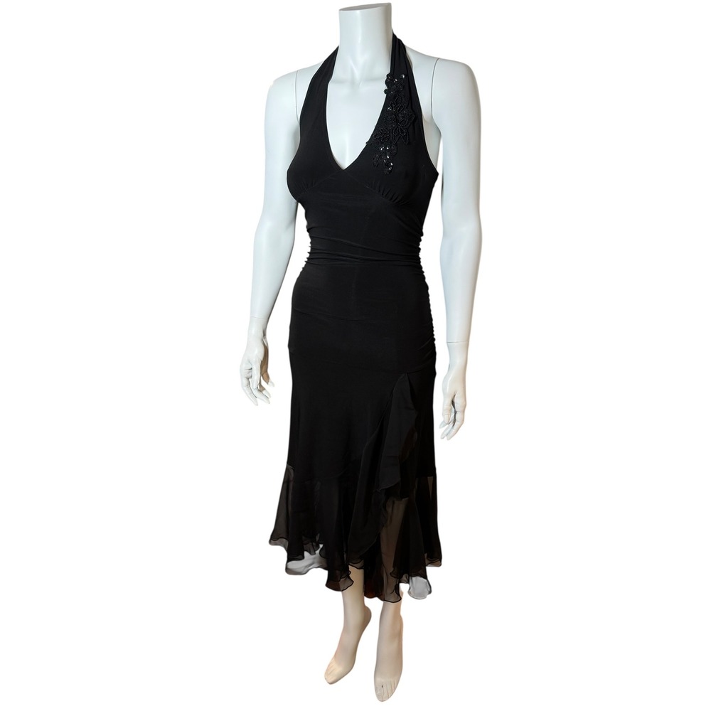 Vintage Lipstick Black‎ Halter Dress Beaded Applique Ruffle Hem Small Whimsigoth